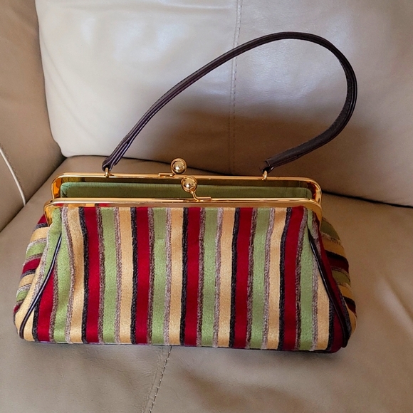 Glenda Gies lime gold rusty red chenille purse. Great for day and evening.